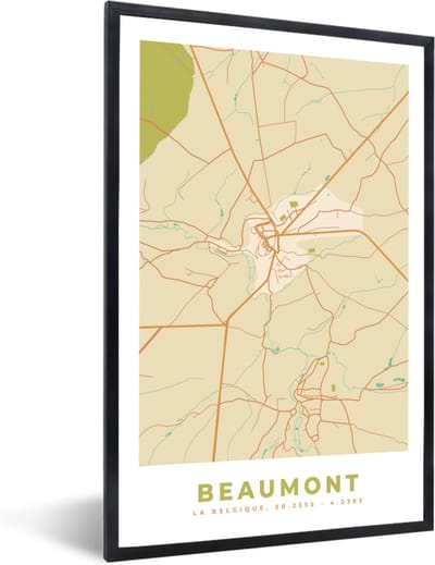 Fotolijst incl. Poster - Kaart - België - Beaumont - Stadskaart - Plattegrond - 40x60 cm - Posterlijst