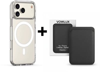 VOWLUX Compatible MagSafe Hoesje voor iPhone 17 Pro Transparant – Inclusief Zwarte Wallet Pasjeshouder – 24 Magneten – Kunstleer – 3 Kaarten – Shockproof Case