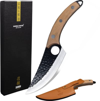 Shinrai Knives - Koksmes 15 cm - Japanse Messen - Universeel bruin mes met leren hoes - Hammered RVS - Met Luxe Geschenkdoos - Keukenmes - Japans Hakmes