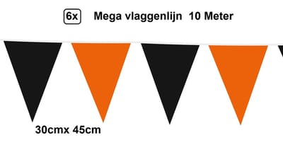 6x Mega vlaggenlijn zwart/ oranje 30cm x 45cm 10 meter - Reuze vlaggenlijn - vlaglijn mega thema feest verjaardag optocht festival