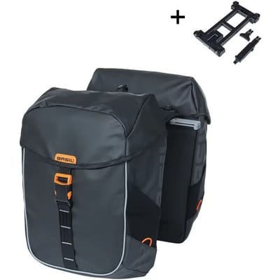 Basil Miles Dubbele Fietstas 34L Zwart/Oranje Waterdicht Tarpaulin Met MIK Adapterplaat Reflecterend Voor E-bike & Fietsvakantie