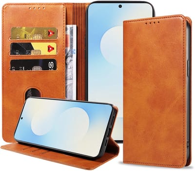Geschikt voor Samsung Galaxy S25 FE Telefoonhoesje Kunstleer met Magnetische sluiting en Pasjeshouder Bookcase met Klepje - Walletcase with Cardslot - Bruin - Smartphonica geschikt voor Samsung Galaxy S25 FE
