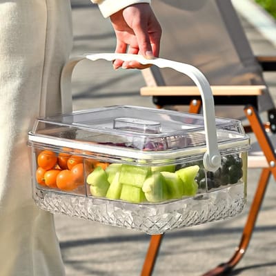 KZQ Draagbare Snack en Serveerdoos Transparant Acryl 2 Laags met Inklapbaar Handvat Stapelbare Fruit Sushi Dessertdoos voor Picknick Feestje L Vorm
