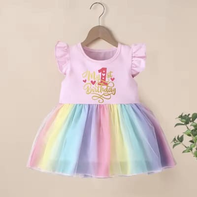 Baby Birthday Dress - Maat: 1 Jaar - Kleur: Regenboog - Baby 1 Jaar - Hoge Kwaliteit - Verjaardagsjurk / Birthday Dress - Cakesmash Jurk - Baby Een Jaar Meisje - Kinderfeestje / Verjaardag Jurk - Prinsessen Jurk - Tutu Jurk / Rok