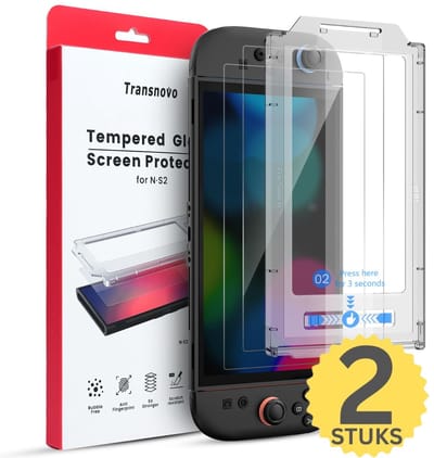Transnovo 9H Gehard Glas Screenprotector met Installatietray geschikt voor Nintendo Switch 2 | Switch-games accessoires | 2 stuks hard bescherming cover folie voor console display | Eenvoudige montage zonder bubbels - Inclusief Installatieframe
