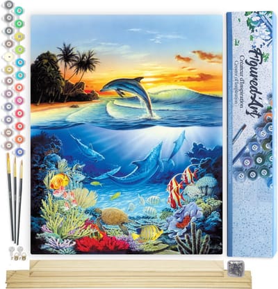 Figured'Art Schilderen op Nummer Volwassenen canvas Dolfijnen in de lagune - Handwerk acrylverf Kit DIY Compleet - 40x50cm met DIY houten lijst