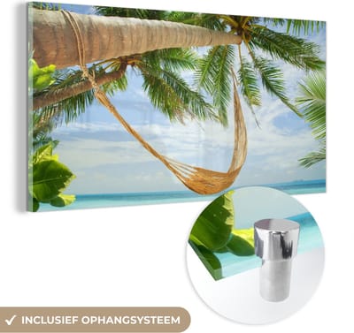 MuchoWow® Glasschilderij 120x60 cm - Schilderij acrylglas - Palmbomen - Hangmat - Zomer - Zee - Foto op glas - Schilderijen