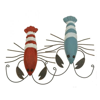 Kreeft hout en metaal maritieme decoratie rood/blauw L16cm 4st, 4 Stüc