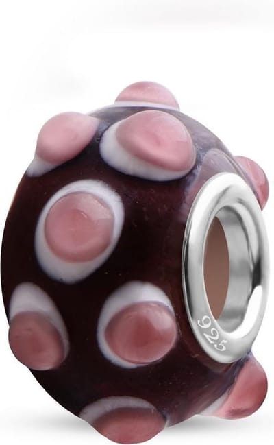 Quiges - 925 - Sterling - zilver - Glazen - Kraal - Bedels - Beads - Paars met Roze 3D Stippen - Past op alle bekende merken - Armband GZ095