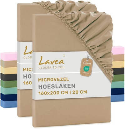 Lavea® Set van 2 Hoeslakens 160x200 cm – zachte en ademende microvezel – voor matrassen tot 20 cm – met elastiek rondom – oeko-tex gecertificeerd – Zand