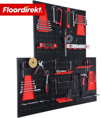 Floordirekt Gereedschapswand Parker - Metalen Gatenwand Set met Accessoires - Zwart/Rood - 5-Delig - Praktische Gereedschapshouder voor Werkplaats & Garage - Stevig, Overzichtelijk & Ruimtebesparend