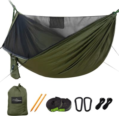 Camping Hangmat - Outdoor Klamboe - Ontspannen Buiten - Ingebouwde Muskietennet - 290 x 140 cm - Legergroen