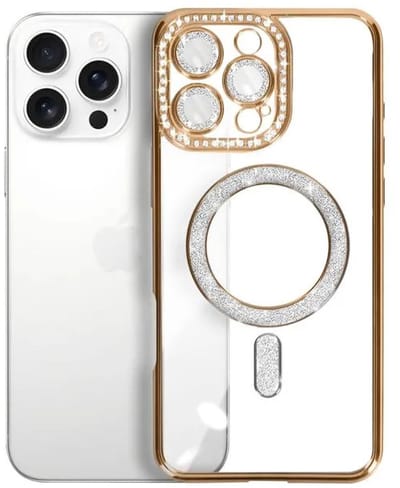 Hoesje met Diamantjes en Glitter Geschikt voor: iPhone 16 Pro - MagSafe Glitter Hoesje - Goud met Diamanten steentjes - Glamour Hoesje
