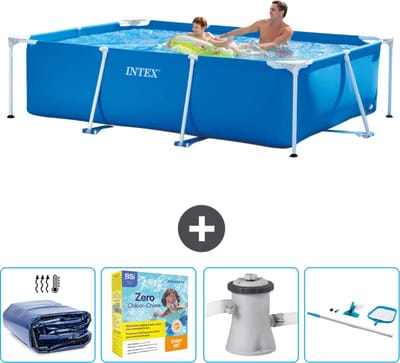 Intex Rechthoekig Frame Zwembad - 260 x 160 x 65 cm - Blauw - Inclusief Solarzeil - Onderhoudspakket - Zwembadfilterpomp - Schoonmaakset