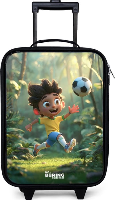 NoBoringSuitcases.com® - Kinderkoffer jongen - Kindertrolley meisje - Voetbal - Jongen - Bos - Koffer kind lichtgewicht - Reiskoffer trolley voor kinderen - Koffertje met lichtgevende wieltjes - Rolkoffer zwart