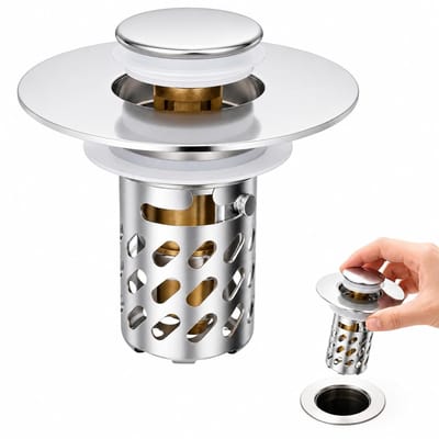 Wastafelstop pop-up roestvrij staal afvoerstop, vastklikbaar afvoerventiel wastafel afvoerzeef badkuipstop met filter voor badkamer keuken, messing kern (28-40 mm gat-Ø)