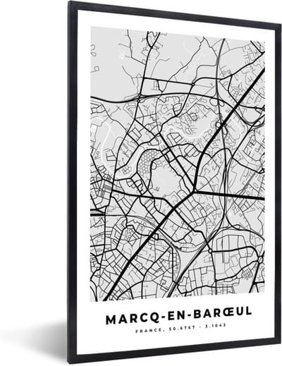 Fotolijst incl. Poster - Plattegrond – Marcq-en-Barœul – Stadskaart – Kaart – Frankrijk - 40x60 cm - Posterlijst