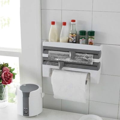 Food Film Unwinder - Papieren handdoekopslag - Keukenwandplank - Keukenopbergrek met scherpe messen - 39 x 10 x 24 cm (grijs en wit)