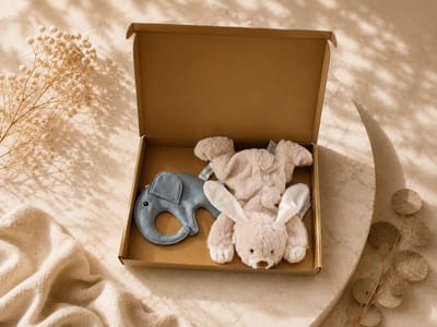 Kraamcadeau Baby – lichtblauw – beige – Knuffel & Speenkoord – Luxe Cadeauset – Past door de Brievenbus – baby jongen – kraampakket – babyshower – geschenkset