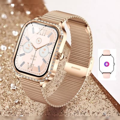Knobbout 1,75" Scherm HD gebogen scherm smartwatch met ingelegde diamant - Slank, stijlvol en elegant design, speciaal geschikt voor dames - Vrouwelijke gezondheidstracking - Bluetooth-belfunctie - Roségouden staal + roze siliconen horlogebanden