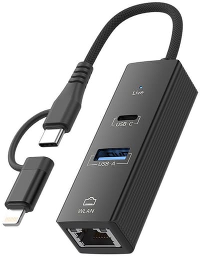 USB-C + 8-Pin naar USB-C Female + Ethernet (RJ45) + USB-A - geschikt voor Lightning - 3-in-1 Multiport Adapter kabel hub geschikt voor o.a. iPhone, iPad en Laptop - zwart