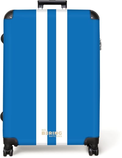 NoBoringSuitcases.com® - Koffer groot - Reiskoffer lichtgewicht - Helderblauwe achtergrond met dubbele witte middenstreep - Rolkoffer met 4 wielen - Grote trolley XL - 98 liter bagage
