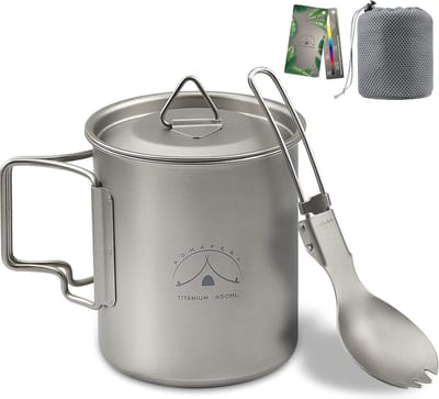 Camping Titanium beker, titanium campingbeker met deksel, 99,8% titanium pan met lepel en draagbare zak (450 ml beker)