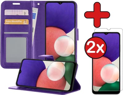 Hoesje - Met 2x Screenprotector - Geschikt voor Samsung Galaxy A22 4G - Luxe Pasjeshouder - Flip Case - Bookcase Portemonee - Kunstleer Book Case - Flipcase Hoes - Book Cover - Walletcase - Portemonneehoes - Telefoonhoes - Paars