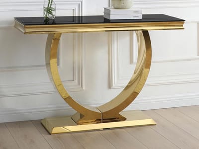 Vente-unique Consoletafel van gehard glas en roestvrij staal - Goudkleurig en zwart - ROWAN