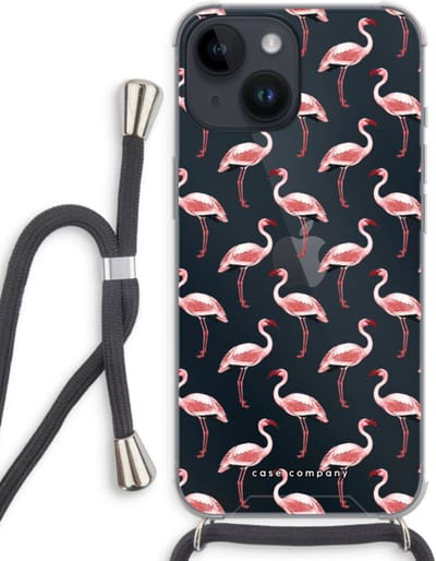 Case Company® - Hoesje met koord geschikt voor iPhone 14 hoesje met Koord - Flamingo - Telefoonhoesje met Zwart Koord - Bescherming aan alle Kanten en Over de Schermrand