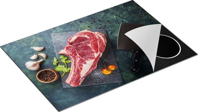 Chefcare Inductie Beschermer Vlees met een Mes op een Marmeren Plaat - 75x50 cm - Afdekplaat Inductie - Kookplaat Beschermer - Inductie Mat