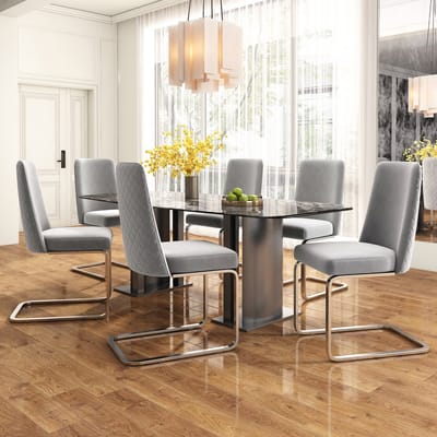 Set van 6 Eetkamerstoelen - Velvet - Eetkamerstoel - Metalen Poten - Golvende textuur op de achterkant - Modern Design - Geschikt voor woonkamer en slaapkamer - Zilveren voeten - Grijs