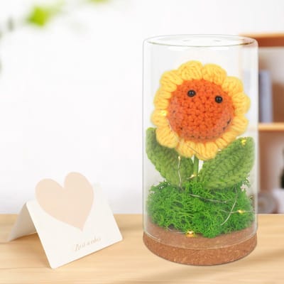 Dailygoods - Gehaakte bloemen, gehaakte kunstbloemen met lichtketting, zonnebloem gehaakt, handgemaakte gehaakte bloemen, bedankcadeau met wenskaart, voor vrouwen, vrienden, Moederdag, Valentijnsdag