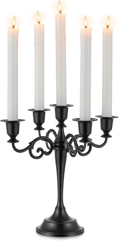 Famanu - Halloween kandelaar kandelaar 5-armen kandelaars houders, mat zwarte kaars stok staat voor taps toelopende kaarsen voor kaarslic diner feest bruiloft tafel centerpieces kerst