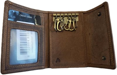 Oi Hunter bruine leren afsluitbare sleuteletui met haakjes / ouderwets sleutelmapje ook geschikt voor pasjes en biljetten / sleutelhouder van vroeger / RFID SAFE / bruin leer / 653H