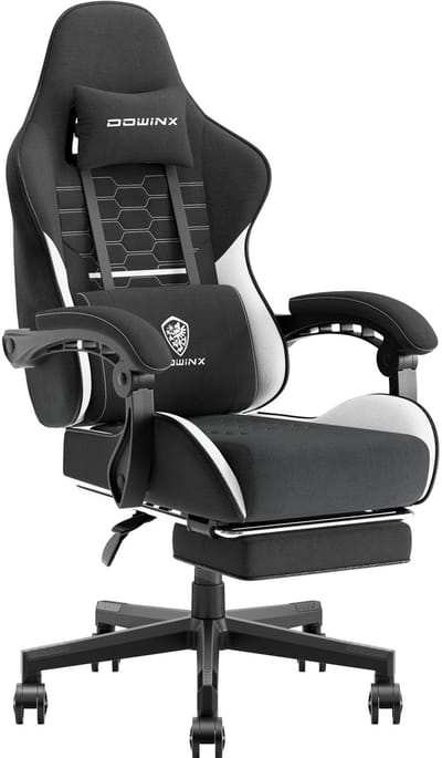 Dowinx Gaming Stoel - Gamestoel - Verstelbaar in Hoogte - Comfortabele Gaming Chair met Pocketvering, Hoofdsteun en Voetensteun - Stof - Zwart/Wit