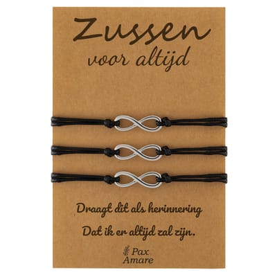 Vriendschapsarmbandjes voor 3 "Zussen voor altijd" - Oneindigheidsteken - Sisters Armbandjes met Cadeau Kaartje - Zilverkleurig - Elastisch Verstelbaar - Pax Amare