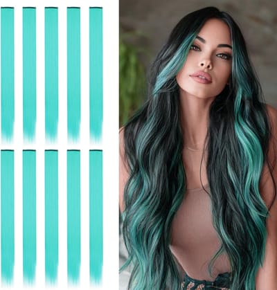 Turquoise Haarextensions van 55 cm - 10 Stuks Clip-In Synthetisch Recht Haar voor Vrouwen en Meisjes, Perfect voor Dagelijks Gebruik en Feestjes