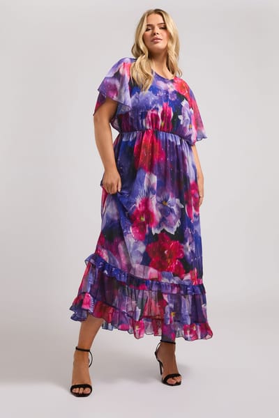 Yours London Aangerimpelde Maxijurk Met Bloemontwerp En Ruchezoom In Blauw/Rood Size 42