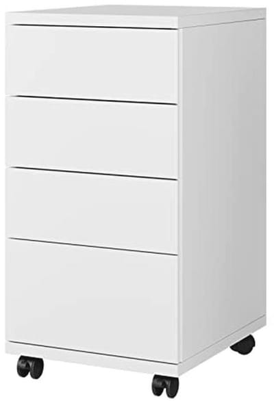 Rolcontainer met 4 schuifladen - Praktische ordnerkast op wielen voor kantoor en woonkamer - Wit 33 x 63,5 x 39 cm
