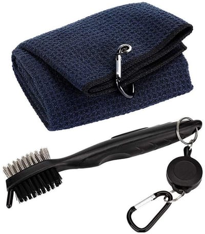 Dailygoods- Golfborstel Dubbelzijdig Nylon/Staal - Golfhanddoek 15x50cm - Karabijnhaak Clip - Golfclub Reiniger - Accessoires voor Mannen - Lichtgewicht 50g - Golfcleaner