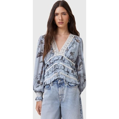 AllSaints Zora Top Origin Blue Bird Taglia: 12 | Maglie a manica lunga Outlet | Donna | Blu