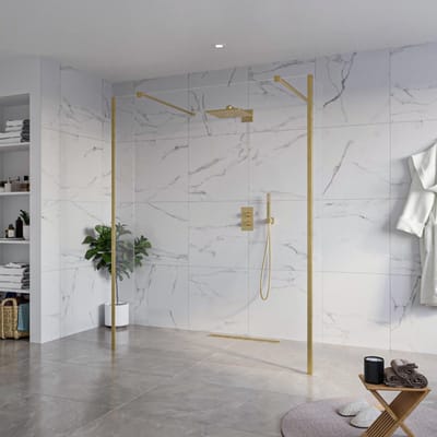 FugaFlow Eccelente Vetro Vrijstaande inloopdouche badkamer - 160x200cm - Helder - antikalk - 8mm veiligheidsglas - 2 zijwanden 30cm - met wandarmen en hoekprofielen - Messing geborsteld (goud) -