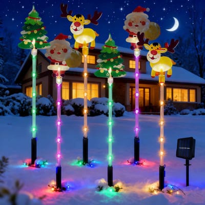 Meedeer Kerst Tuinverlichting（1 Set)- Solar Kerstverlichting LED-Kerst vloerlamp-Meerdere lichtstanden-Tuinlamp met Grondspies-6 Stuks（Eland/Santa Claus/Kerstboom ）