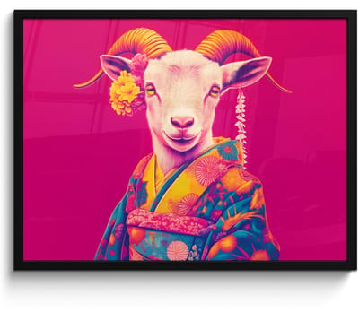 Poster in lijst - Fotolijst 70x50 cm - Posters - Geit - Hoorns - Kimono - Kleurrijk - Posterlijst zwart - Decoratie - Wanddecoratie woonkamer - Muurdecoratie slaapkamer