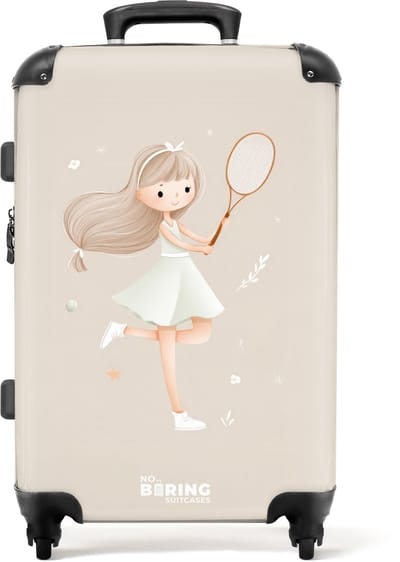 NoBoringSuitcases.com® - Kinderkoffer meisje - Kindertrolley meisjes - Meisje speelt tennis in beige kleuren - Koffer kind groot - Rolkoffer lichtgewicht - Reiskoffer met 4 wielen - Grote trolley XL - 20 kg bagage