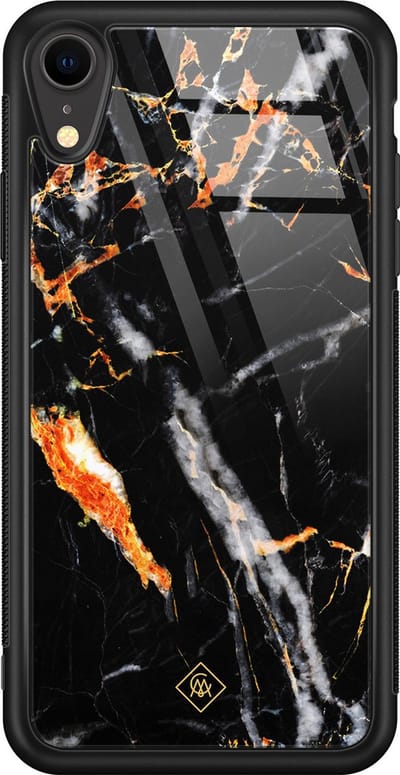 Casimoda® hoesje - Geschikt voor iPhone XR - Marmer Zwart Oranje - Luxe Hard Case Zwart - Backcover telefoonhoesje - Zwart