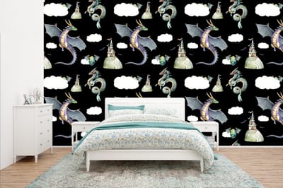 Behang - Fotobehang Jongens - Patronen - Draak - Kasteel - Breedte 400 cm x hoogte 240 cm