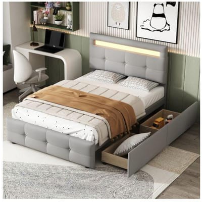 Lit rembourré - MUVOE - 90x200 cm - Éclairage LED - 2 tiroirs - Gris doux gris