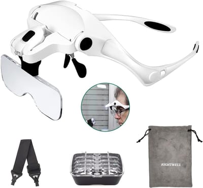 Loepbril met LED Verlichting - Vergrootglas Bril - Inclusief 5 Verwisselbare Lenzen (1x - 3.5x) - Hoofdband - Voor Hobby, Sieraden & Lezen - Wit